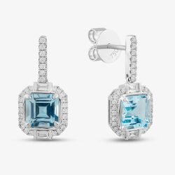 18ct White Gold Asscher Cut Aquamarine & Brilliant Cut Diamond Square Dropper Earrings LG232/EA(AQ)