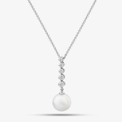 18ct White Gold Freshwater Pearl & Five Diamond Drop Necklace POX80126DD