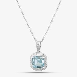18ct White Gold Asscher Cut Aquamarine & Brilliant Cut Diamond Square Halo Necklace LG232/PA(AQ)