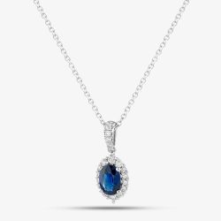 18ct White Gold Oval Cut Sapphire & Brilliant Cut Diamond Halo Necklace LG237/PA(BS)