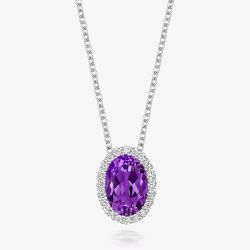 Tivon Classic 18ct White Gold Oval Amethyst & Diamond Cluster Necklace PW-0851-AM