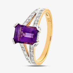 9ct Yellow Gold Emerald Cut Amethyst & 0.13ct Diamond Split Shoulder Ring PR06767Y AM