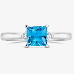 Tivon 18ct White Gold Princess Cut 0.60ct Blue Topaz Three Stone Ring RW-1654-BT