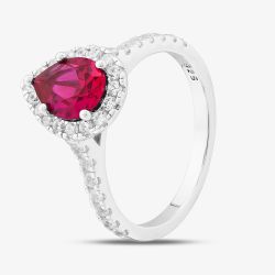 Sterling Silver Red Pear Cut Cubic Zirconia Shoulder Set Halo Ring S2185