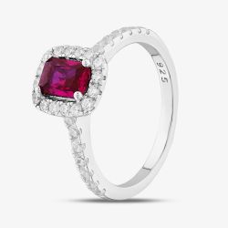 Sterling Silver Red Emerald Cut Cubic Zirconia Shoulder Set Halo Ring S2189