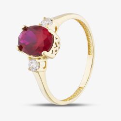 9ct Yellow Gold Oval Cut Red Cubic Zirconia Three Stone Ring RBE045R