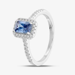 Sterling Silver Cushion Cut Blue Cubic Zirconia Shoulder Set Cluster Ring S2157T
