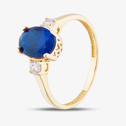 9ct Yellow Gold Oval Cut Blue Cubic Zirconia Three Stone Ring RBE045B