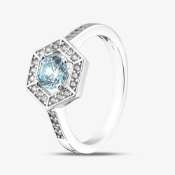 Rhodium Plated Sterling Silver Light Blue & White Cubic Zirconia Hexagon Halo Ring 8.84.0921