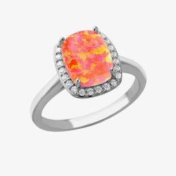 Silver Synthetic Orange Opal & Cubic Zirconia Halo Ring 8.86.0459