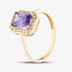9ct Yellow Gold Purple Emerald Cut Cubic Zirconia Halo Ring RBE047AM