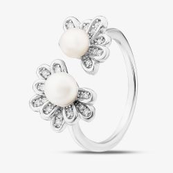 Sterling Silver Freshwater Pearl & Cubic Zirconia Flower Ring ROW70038FW