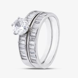 Silver Baguette Cut Cubic Zirconia Two Row Shoulder Set Solitaire Ring R6595