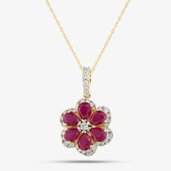 9ct Yellow Gold Certified 0.25ct Lab Grown Diamond & 1.50ct Ruby Flower Pendant Necklace LGP44563-RD