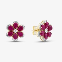 9ct Yellow Gold Certified 0.25ct Lab Grown Diamond & 3.00ct Ruby Flower Stud Earrings LGE46343-RD