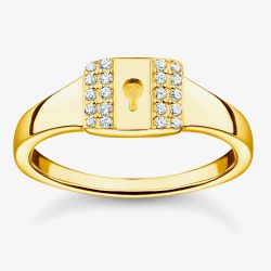 THOMAS SABO 18ct Yellow Gold Plated & Cubic Zirconia Padlock Signet Ring TR2372-414-14
