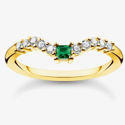 THOMAS SABO Gold Plated Green Stone Curved Ring TR2398-971-7