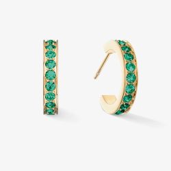 Coeur De Lion Gold Tone Stainless Steel Dark Green Crystal Hoop Earrings 0127/21-0549
