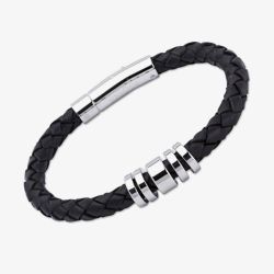Unique Stainless Steel 5 Ring 21cm Black Leather Bracelet A65BL
