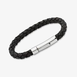 Unique Stainless Steel 19cm Black Braided Leather Bracelet A40BL/19CM