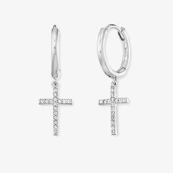 Angel Whisperer Silver Cubic Zirconia Cross Dropper Hoop Earrings ERE-LILCROSS-ZI-CR
