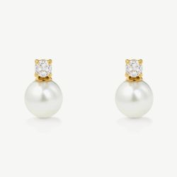 D.Louise Yellow Gold Tone Stainless Steel Simulated Pearl & Cubic Zirconia Drop Stud Earrings YBE-07
