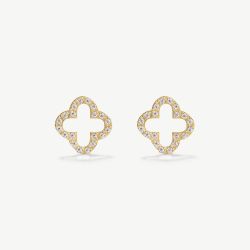 D.Louise Yellow Gold Tone Plated Stainless Steel Pave Clover Stud Earrings SKE-043