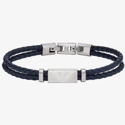 Emporio Armani Essentials Stainless-Steel and Blue Leather Two Row Logo ID Bracelet EGS2995040