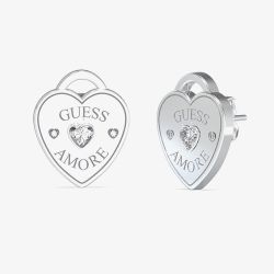 Guess Amore Rhodium Silver Crystal Heart Stud Earrings UBE05058RH