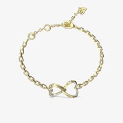 Guess Mon Amour Gold Tone Crystal Two Heart Link Bracelet UBB04618YGL