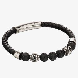 Fred Bennett Stainless Steel Black Leather Lava Bead Bracelet B5097