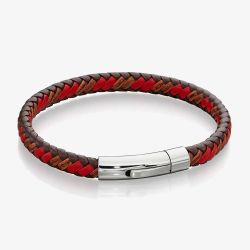 Fred Bennett Red & Brown Leather Stainless Steel Braided Bracelet B5278