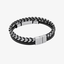 Fred Bennett Stainless Steel & Black Leather Braided Double Bracelet B5574B