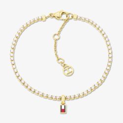 Tommy Hilfiger Yellow Gold Tone Plated Stainless Steel Cubic Zirconia Logo Charm Tennis Bracelet 2781093