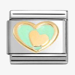 Nomination CLASSIC Stainless Steel 18ct Yellow Gold Pastel Green Double Heart Charm 030283/29