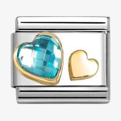 Nomination CLASSIC Yellow Gold Light Blue Cubic Zirconia Double Heart Charm 030613/07