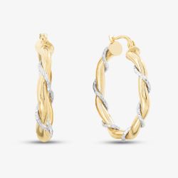 9ct Yellow Gold Two Tone Wave Rope Hoop Earrings UER137YW