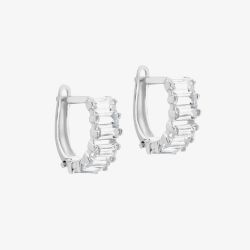 9ct White Gold 11mm Baguette Cut Cubic Zirconia Huggie Hoop Earrings 5.58.3859