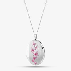 Silver Pink Enamel Butterfly Oval Locket Necklace 8.65.2651