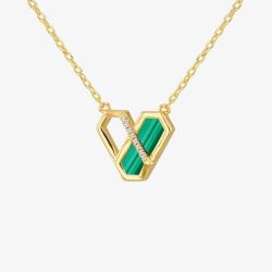 LUXE Silver Gold Plated Malachite & Cubic Zirconia Hexagon Link Necklace 8.12.0230