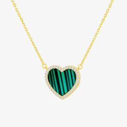 LUXE Silver Gold Plated Malachite & Cubic Zirconia Heart Necklace 8.13.7830