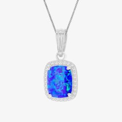 Silver Blue Synthetic Opal & Cubic Zirconia Rectangle Necklace 8.68.7107