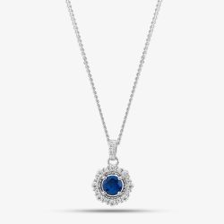 Sterling Silver Blue Cubic Zirconia Halo Pendant Necklace S6678