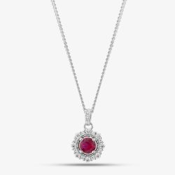 Sterling Silver Red Cubic Zirconia Halo Pendant Necklace S6679