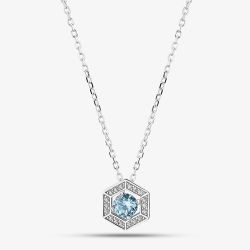 Silver Rhodium Plated Blue Cubic Zirconia Hexagon Halo Pendant Necklace 8.19.2024