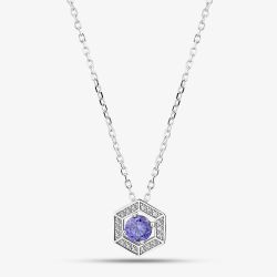Silver Rhodium Plated Purple Cubic Zirconia Hexagon Halo Pendant Necklace 8.19.2034
