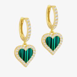 LUXE Silver Gold Plated Malachite & Cubic Zirconia Heart Dropper Hoop Earrings 8.53.0021