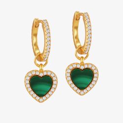 LUXE Silver Gold Plated Malachite & Cubic Zirconia Heart Dropper Hoop Earrings 8.59.1906