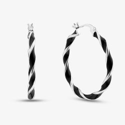 Sterling Silver Rhodium Plated 31mm Black Enamel Twister Hoop Earrings 8.51.3144