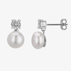 Sterling Silver Cubic Zirconia And Pearl Dropper Earrings EOW70076FW